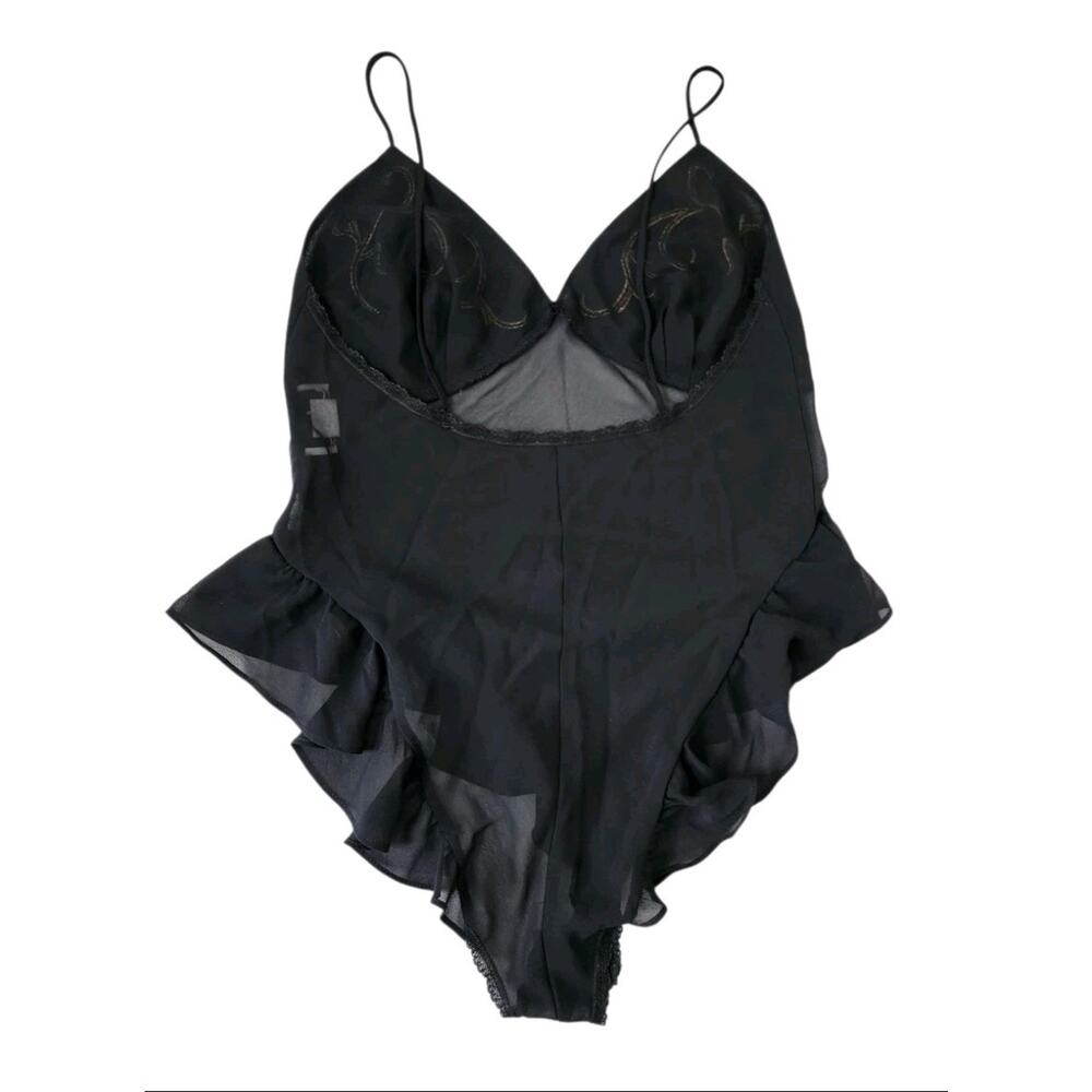 Vtg Josie Natori Black Sheer Teddy Gold Embroidery Ruffle Lingerie Bodysuit S - Picture 2 of 8